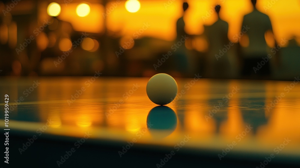 Aufkleber a white ping pong ball rests on a table with a blurred background of people and a setting sun.