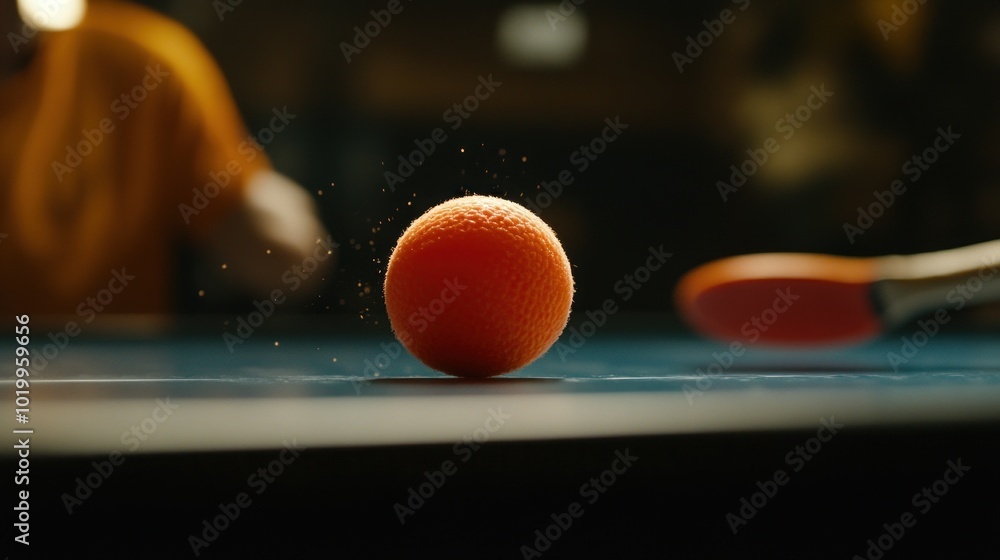 Poster a close-up of a ping pong ball on a table with a blurred player in the background.