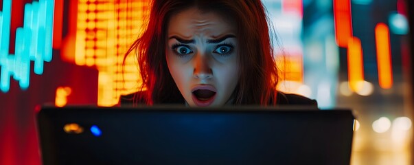 Obraz premium Businesswoman Shocked by Plummeting Prices on Laptop Display