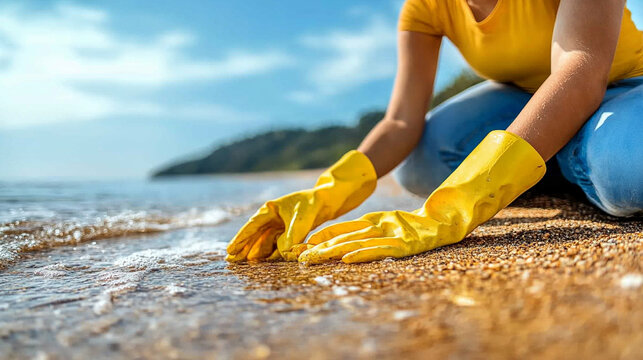 Volunteers clean up a polluted beach, symbolizing community effort, environmental responsibility, and the collective fight against pollution for a sustainable future