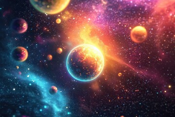 A Glowing Planet in a Starry, Multicolored Galaxy