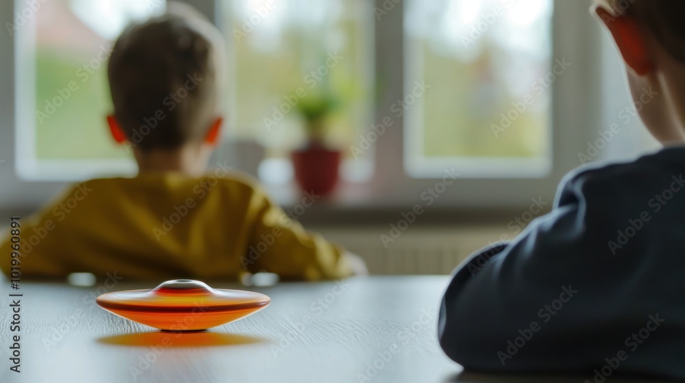 Poster a child playing with a top, watching it perform a mesmerizing backspin on a smooth surface