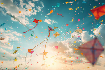 Beautiful greeting card with colorful kites soaring high above vibrant sky to holiday composition