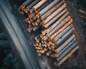 Aerial view of stacked timber logs along a dirt road, showcasing natural resources and logging industry.