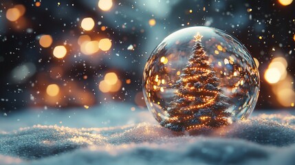 Beautiful snow globe showcasing Christmas tree in snowfall. Concept of holiday enchantment.