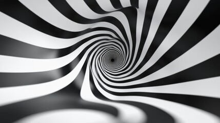 Abstract black and white spiral pattern creating an optical illusion of a tunnel or vortex.