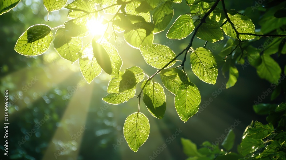 Poster leaves illuminated by sunlight, creating a mesmerizing backlit effect in a forest