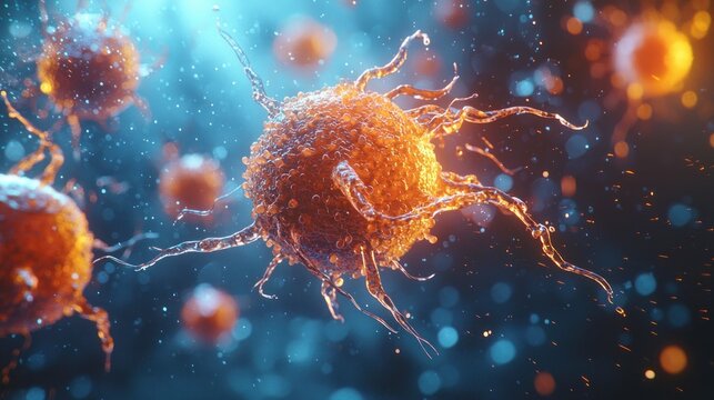 Cancer cells undergoing dynamic changes during experimental treatments, illustrating transformative and vivid processes in cancer research.