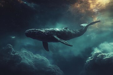 Fototapeta premium Majestic whale swimming gracefully through dark, mysterious waters, surrounded by ethereal light and clouds, evoking tranquility.