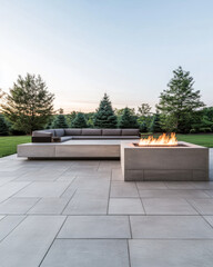 Modern outdoor seating area with fire pit surrounded by lush greenery at sunset