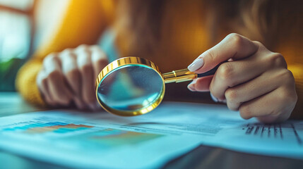 woman's hands hold a magnifying glass over tax documents, symbolizing attention to detail, financial scrutiny, and careful management of personal or business finances