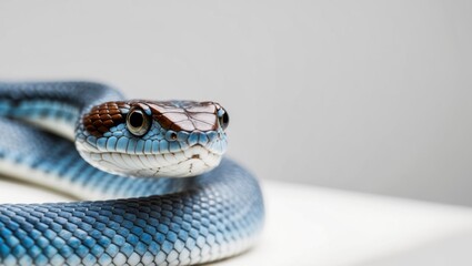 Obraz premium A tight shot of a blue snake's head displays a brown marking on its left eye.