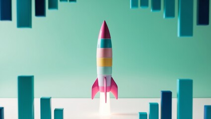 Colorful rocket and graph bars on mint background.