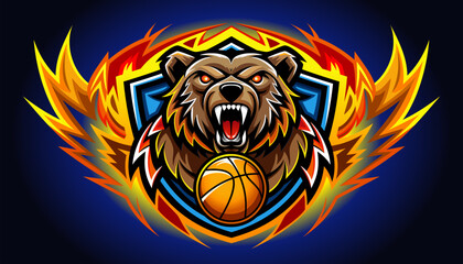 Symbol, logo of a brown bear with bloodshot eyes roaring fiercely with a glowing orange basketball surrounded by intense flames.