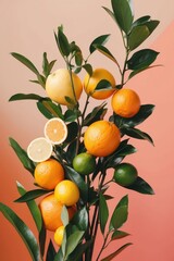 Citrus Fruit and Leaves on a Colorful Background.