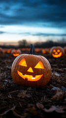 Glowing Halloween pumpkin with carved face in a field, creating a festive autumn atmosphere.