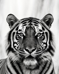 A tight shot of a tiger's intense face with a blurred background.