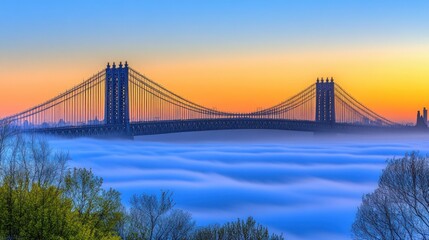 Fototapeta premium A suspension bridge silhouetted against a colorful sunrise with fog below.