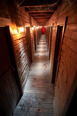 Haunting corridor with wooden walls and dim lighting, featuring multiple doors leading to an unknown destination.