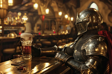 A fantastic royal knight in armor drinks beer at a local bar