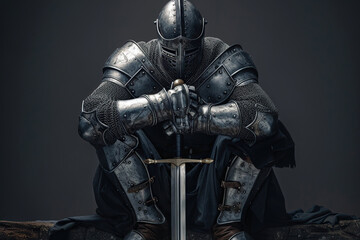 A fantastic royal knight in armor guards the castle chambers