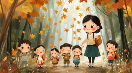 Teachers and students on an autumn outing.