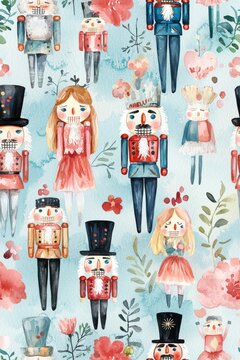 Colorful nutcracker figures with floral background, festive design,Seamless pattern