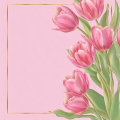 Obraz premium Tender pink flowers banner with beautiful tulips on pink background for Mother's Day and Valentine's Day. Beautiful floral border with space to add text.