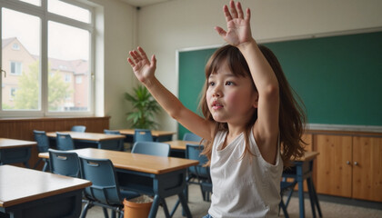 Smiling child raising hand in a classroom