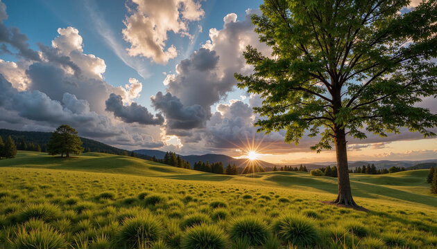 Scenic landscape with sunset over rolling hills and tree