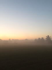 Obraz premium A soft, misty morning sky with pastel tones of pink and blue, with the fog rising from the fields and trees barely visible in the distance 