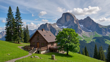 Obraz premium Rustic cabin nestled in the mountains under a clear sky