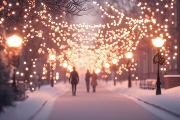 Carolers walking down a snowy lane, holiday lights strung across the street, 3D illustration