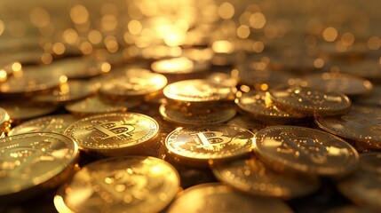 Golden bitcoin cryptocurrency coins for decentralized investment - digital 3D render