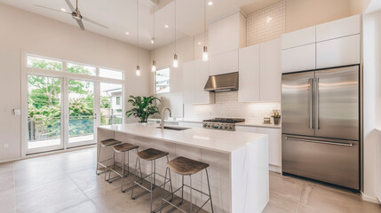 Fototapeta premium Modern Kitchen Interior with Stainless Steel Appliances and White Countertops
