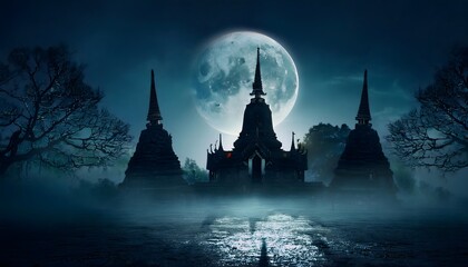Halloween concepts with scary scene and isolated of Thai temple and bright full moon background