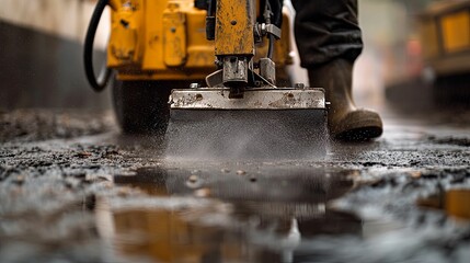 Close-up of a Road-Cutting Machine with Water Spraying onto Asphalt