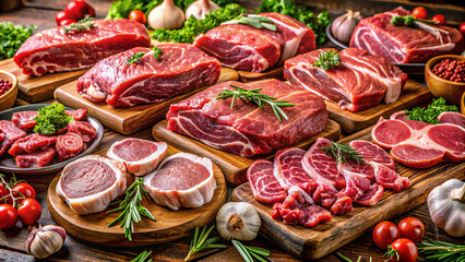 Fototapeta premium Variety of raw meat cuts displayed on wooden boards for cooking