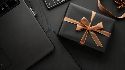 Top view of black gift box and laptop on black office desk—modern workspace featuring technology and gift concept for corporate occasions