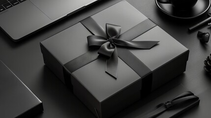 Top view of black gift box and laptop on black office desk—modern workspace featuring technology and gift concept for corporate occasions