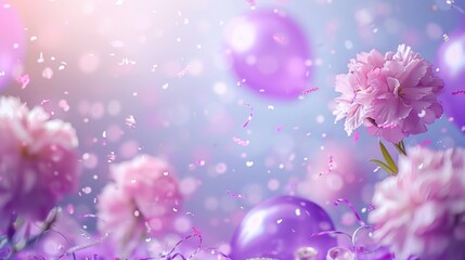 Lilac ribbon with confetti and carnations, soft lilac background, soft color balloons, fairy lights, bright and magical composition.