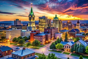 Naklejka premium Stunning Allentown Skyline at Dusk with Illuminated Buildings and Clear Night Sky, Pennsylvania USA