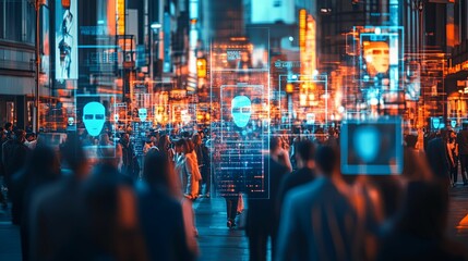 Crowd Walking Through City With Facial Recognition Screens