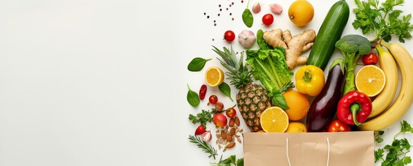 A paper bag full of fresh fruits, vegetables and nuts is seen on the right side of an isolated white background with space for text in a flat lay style. The top left corner has various types of colorf
