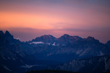 Colorful sunset in the Dolomite mountains at Passo Giau.
