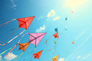 Beautiful greeting card with colorful kites soaring high above vibrant sky to holiday composition