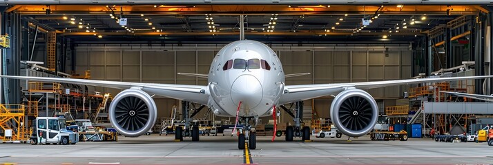 Spotless Widebody Passenger Jet Airplane Ready For Takeoff From Airport Hangar Building.