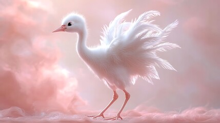 Cute White Bird Chick with Pink Feathers on Pink Background