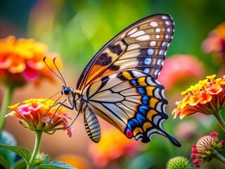 Fototapeta premium Stunning butterfly with long tail wings perched gracefully on a vibrant flower in natural habitat