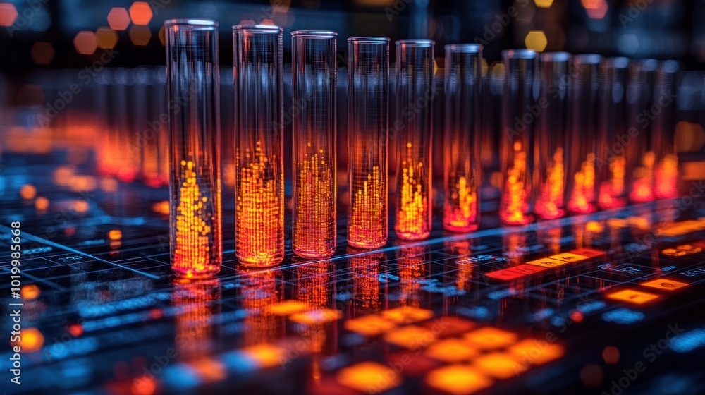 Poster laboratory setting with glowing test tubes and digital interface.